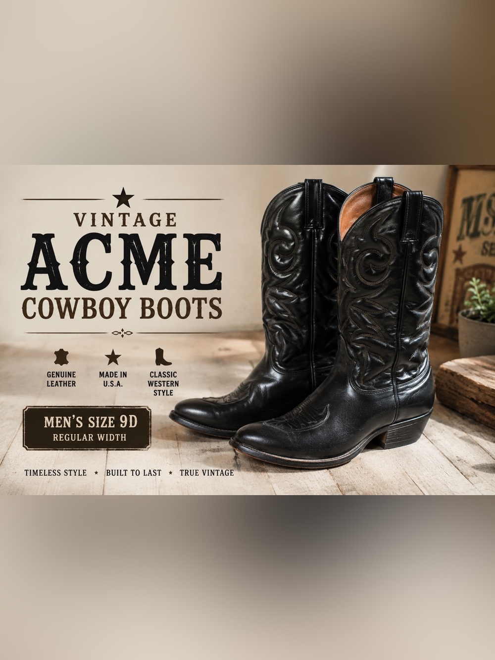 Vintage Acme Black Leather Cowboy Boots Men’s 9D Western boots